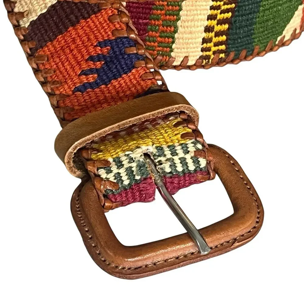 Handmade Leather Mayan Woven Textile Belt Unisex 42 Artisan Whipstitch Boho